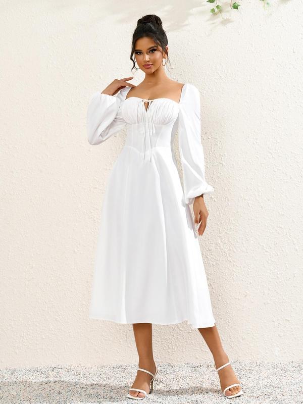 Women's Plain Lace Up Backless Tie Front A Line Dress, Elegant Bishop Sleeve Square Neck Long Dress for Party Holiday Wedding Guest, Ladies Spring & Fall Clothes